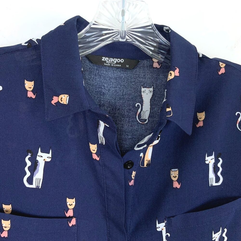 Whimsical Cat Print Navy Button Down Rayon/Viscose Shirt Blouse Sz M - Picture 11 of 16